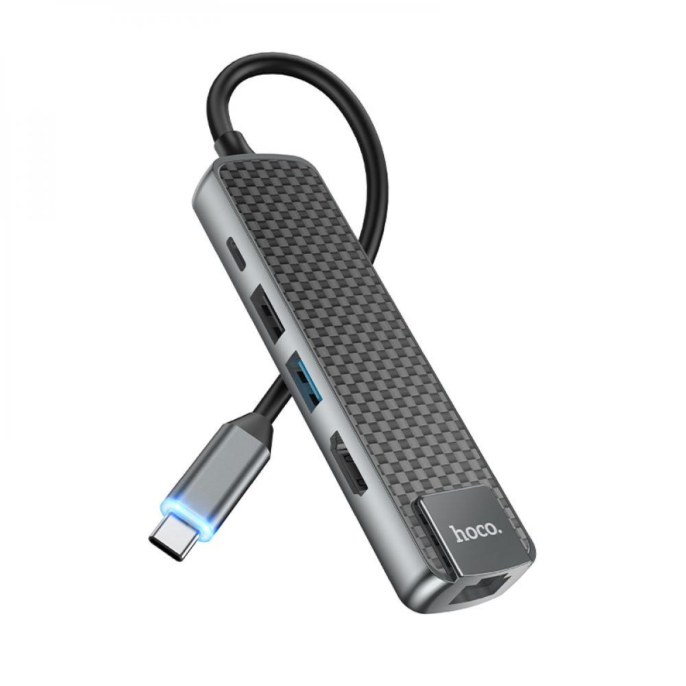 Хаб USB Hoco HB23 Type-C to (HDTV+USB3.0+USB2.0+RJ45+PD) Цвет Серый - фото 2 - id-p1958425062