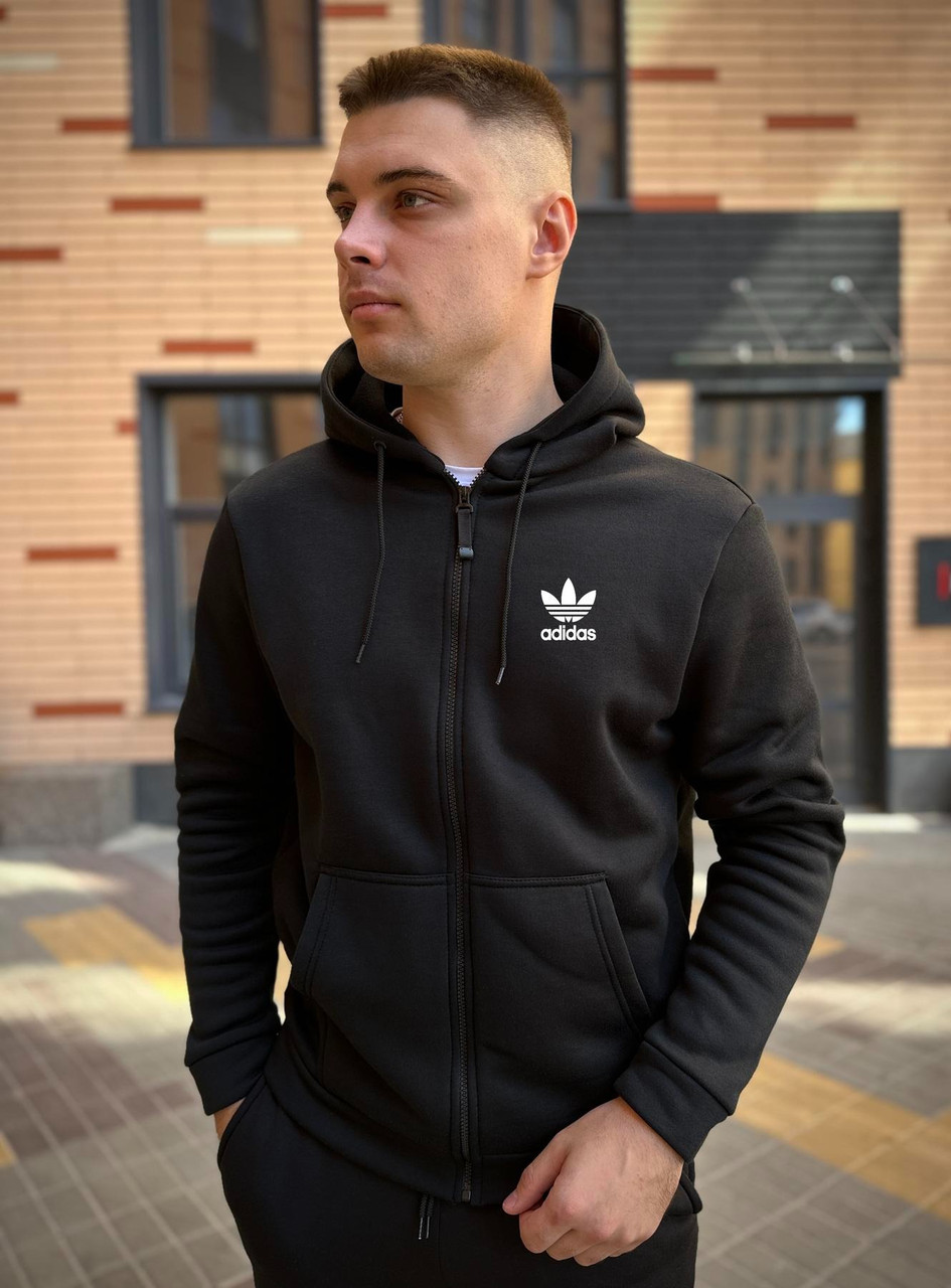 Чоловіча зимова толстовка Adidas чорна на блискавці Кофта Адідас на флісі