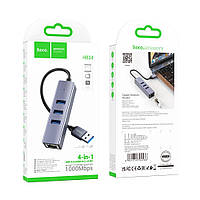 Хаб USB Hoco HB34 Easy link Gigabit Ethernet adapter(USB to USB3.0*3+RJ45) Цвет Серый