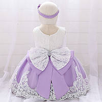 Гарна сукня з пов'язкою на голову та великим бантом Кетті бузкова з білим р.70, 80 см