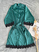Женский шелковый халат зеленый