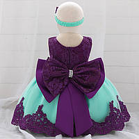 Праздничное платье для девочки с красивым бантом и повязкой "Кэтти" фиолетово-бирюзовое на 80-86