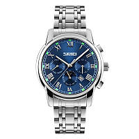 Skmei 9121 серебристые с синим циферблатом мужские часы