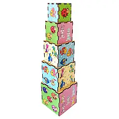 Дерев'яна розвиваюча гра для дітей Кубики-пірамідки "Тварини" (Дерев'яні пазли-вкладки)