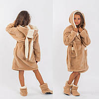 Затишний дитячий домашній яскравий неоновий махровий комплект: халат із вушками + чобітки для дому. Арт-4810 бежевий