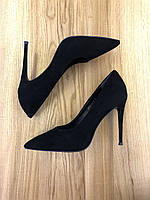 Туфли-лодочки женские замшевые черные на шпильке с острым носиком 5079-51-15 Brokolli 2969 36, Черный
