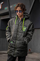 Зимняя,теплая куртка подростковая зимняя плащевка с водоупорным покрытием на флисовой подкладке зеленый, 140-146