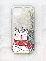 Чохол із плаваючими блискітками на iPhone 14 Срібний :: Ведмідь у шарфі (принт 147)