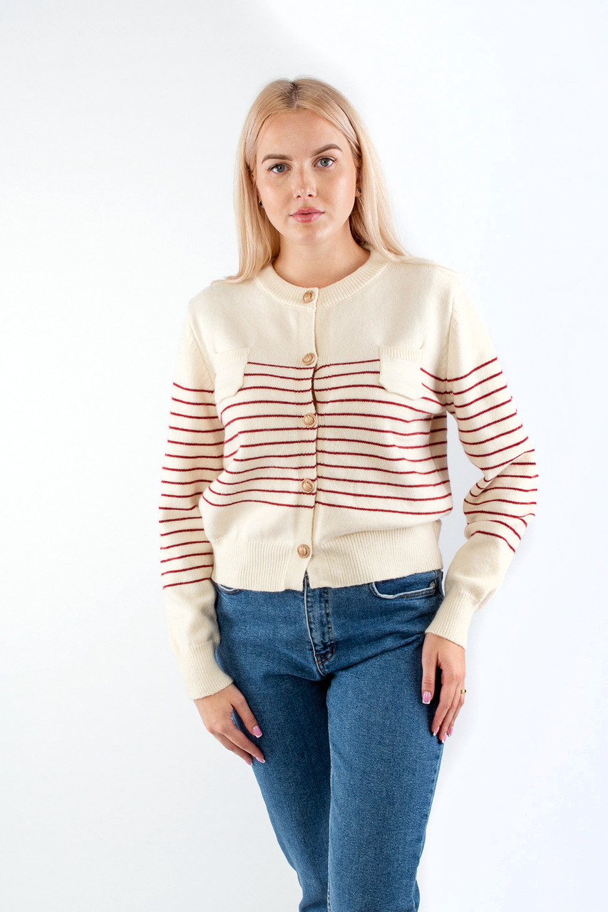 Жіночий кардиган в'язаний в смужку на гудзиках молочно-червоний 64006 (2000000113937), фото 1
