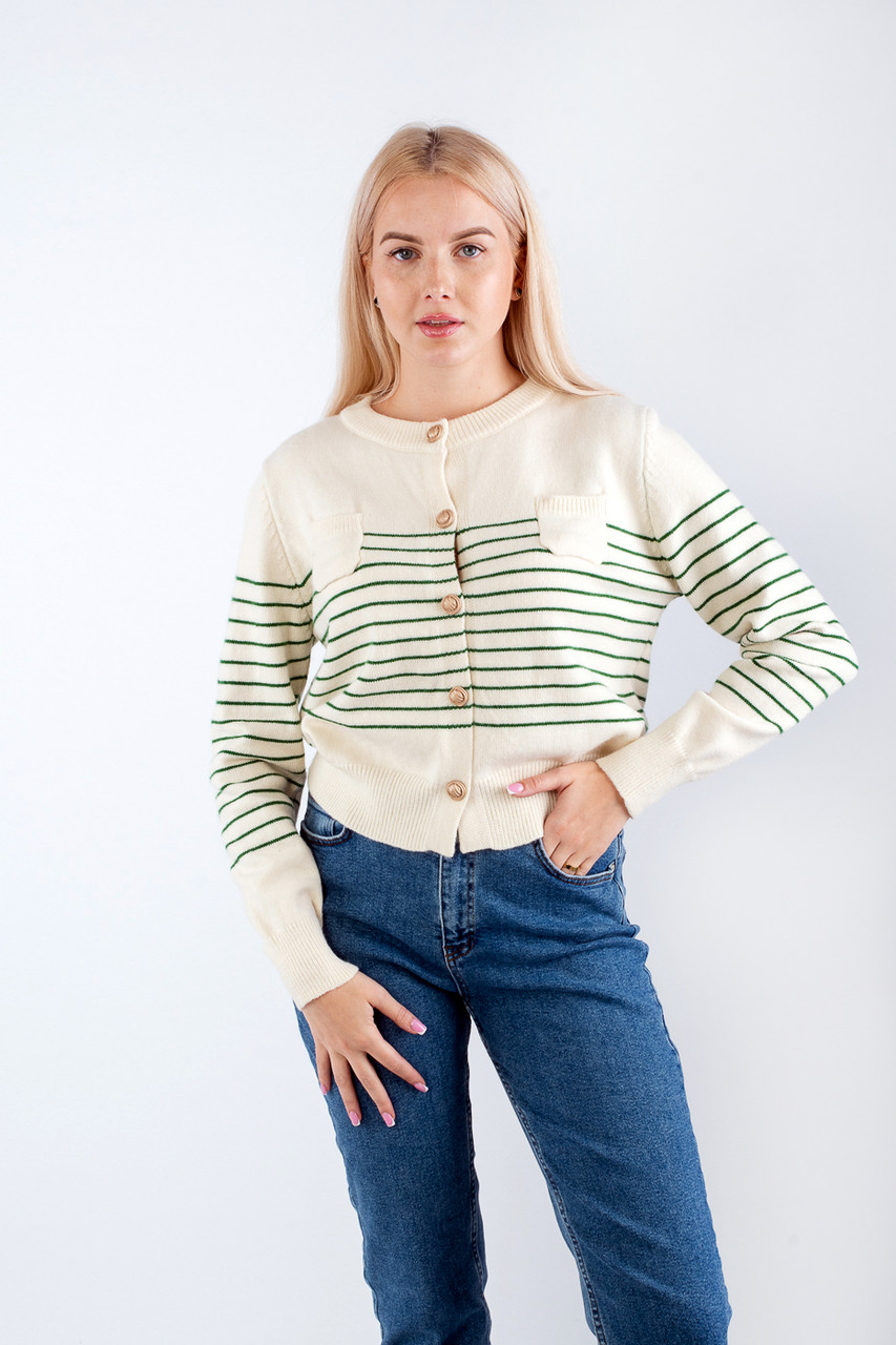 Жіночий кардиган в'язаний в смужку на гудзиках молочно-зелений 64006 (2000000113920), фото 1