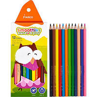 Цветные мягкие карандаши на 12 цветов треугольной формой с яркими цветами 2150/12СВ MARCO