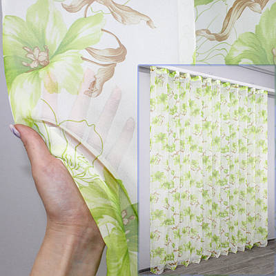 Тюль з шифону з великим квітковим принтом. Колір білий з салатовим і коричневим. Код 1334т