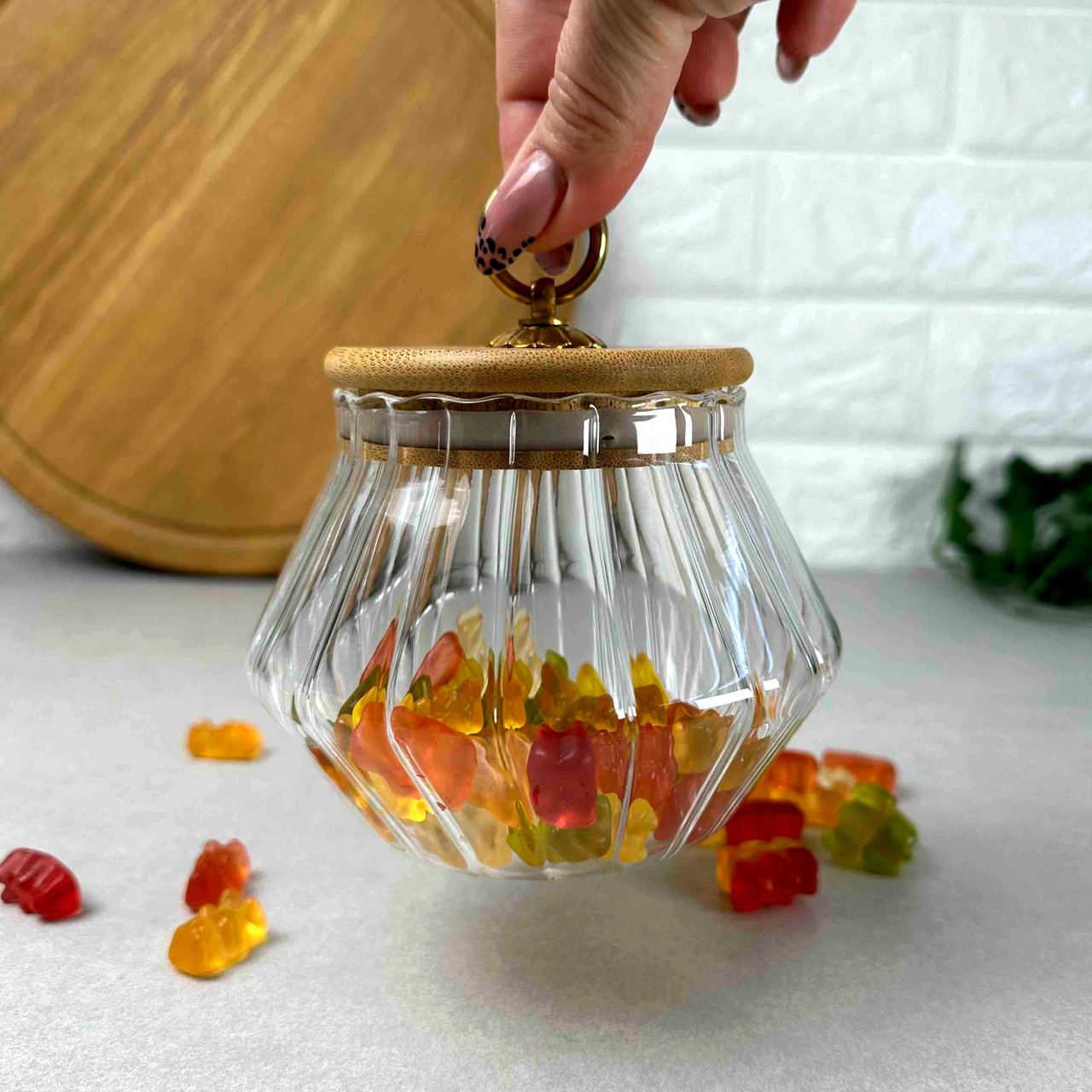 Скляна банка з бамбуковою кришкою 500 мл та з кільцем на кришці Wave, фото 1