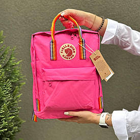 Яскравий рожевий рюкзак Kanken Classic 16 L з райдужними ручками. Портфель канкен