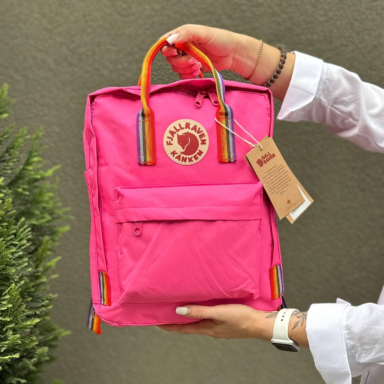 Яскравий рожевий рюкзак Kanken Classic 16 L з райдужними ручками. Портфель канкен