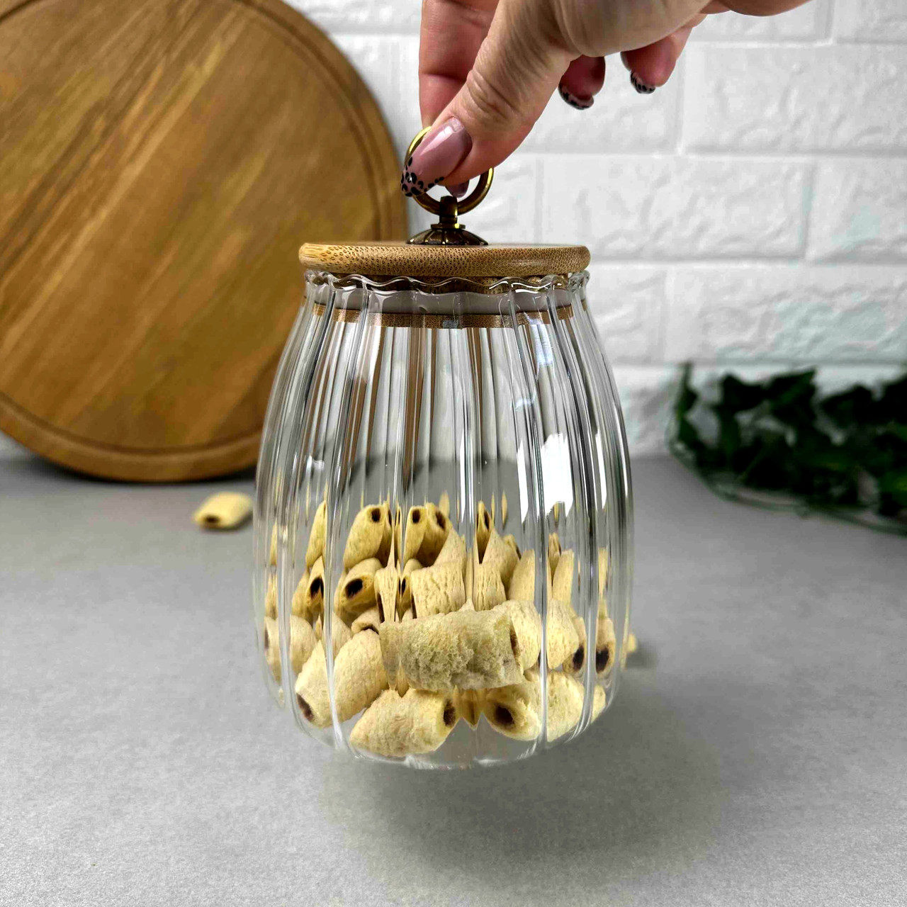 Скляна банка з бамбуковою кришкою 1л з кільцем на кришці Wave, фото 1