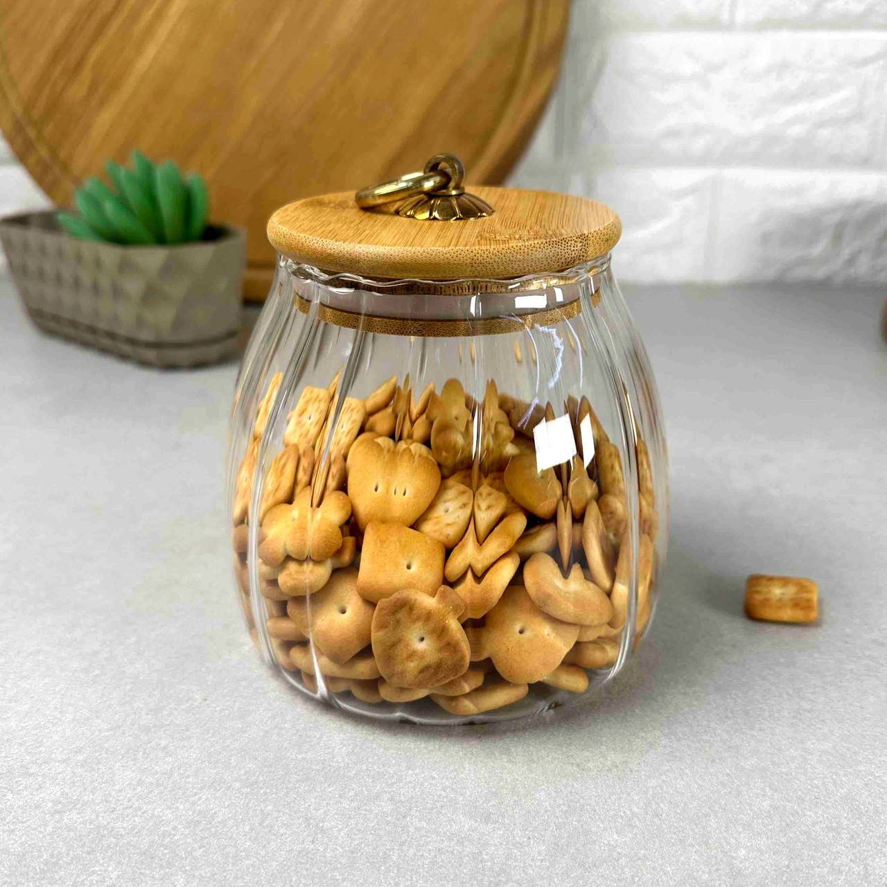 Скляна банка з бамбуковою кришкою 0,75л з кільцем на кришці Wave