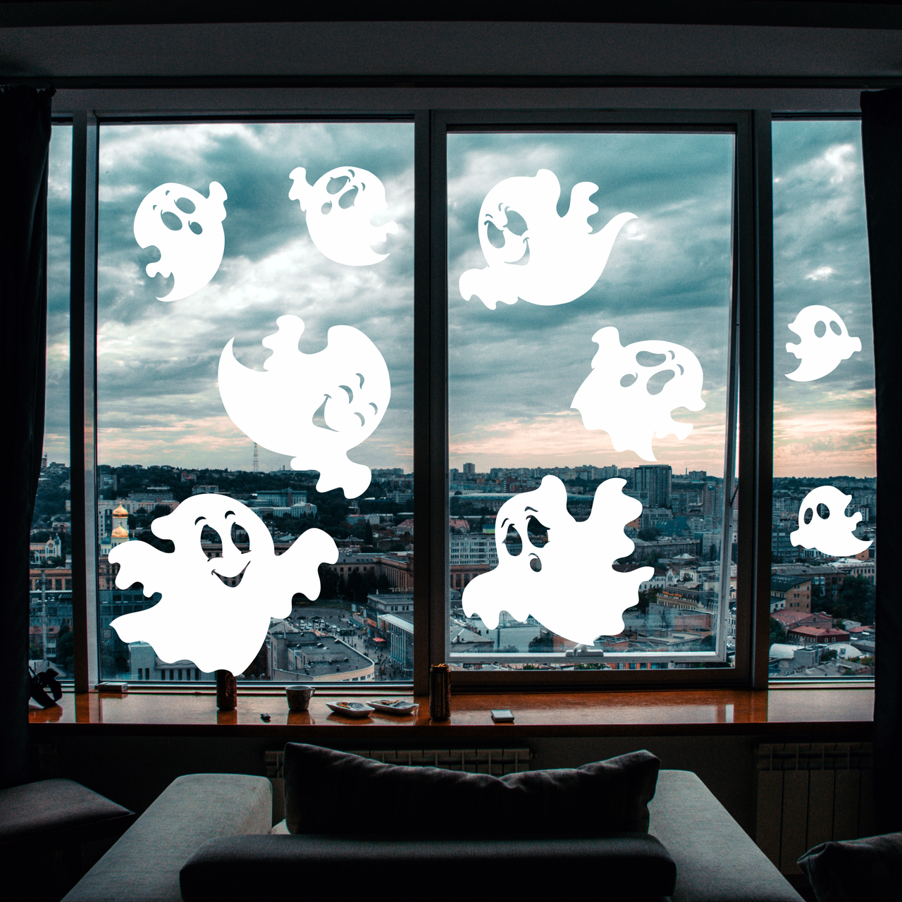 Набор наклеек Хеллоуин Веселые привидения 9 шт. (хеллоунский декор стен окон) силуэт призрака матовая Белый - фото 1 - id-p1958789857