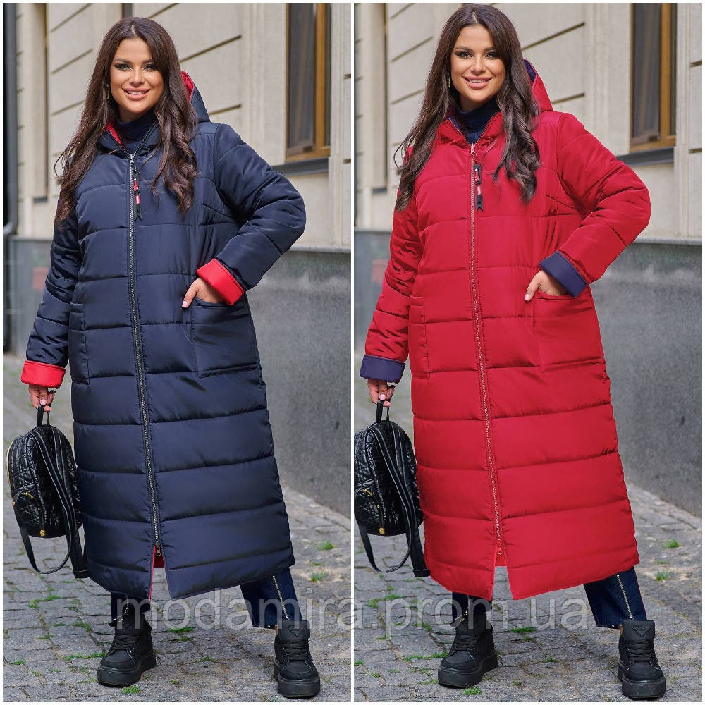 Жіноче зимове довге двостороннє пальто у великому розмірі р-56-64 синій + червоний