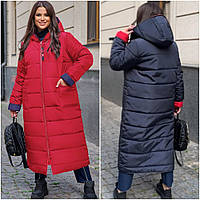 Пальто двустороннее, женское, длинное, зимнее в больших размерах р-56-64 синий + красный