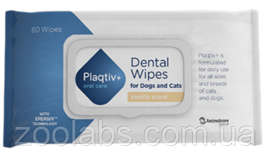 Серветки для догляду за зубами та яснами собак Plaqtiv+ Wipes Vanille 60 шт