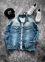 Мужская джинсовая куртка с накладными карманами (синяя) 5879 классическая стильная молодежная для парней