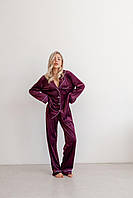 Домашний женский костюм Jeny ткань велюр мягкая плюшевая пижама двойка кофта на пуговицах и брюки цвет марсал