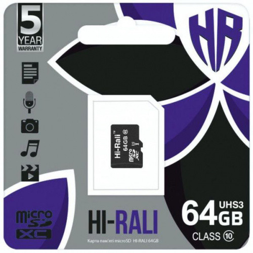 Карта Пам'яті Hi-Rali MicroSDXC 64gb UHS-3 10 Class (Чорний)