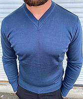 Стильний базовий демісезонний чоловічий светр синій, теплий чоловічий светр еластичний V-подібний виріз горловини
