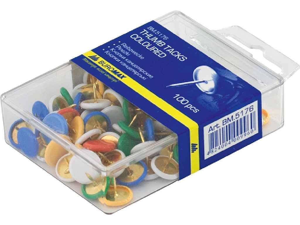 Кнопки кольорові, 100 шт., пласт.покр., пласт.контейнер BM.5176 ТМ BUROMAX BP, фото 1