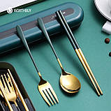 Набір металевих столових приборів у футлярі 3 предмети, Золотий із зеленим, фото 2