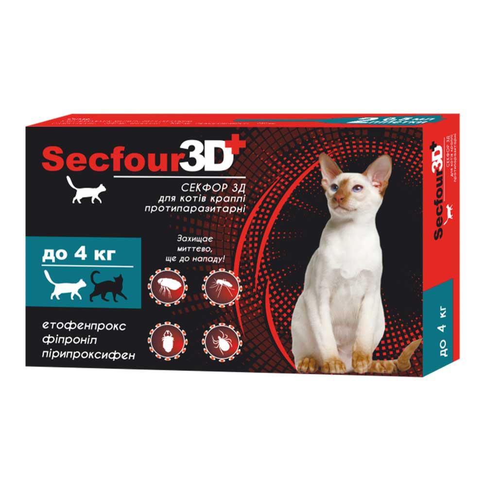 Фото - Лекарства и витамины Капли противопаразитарные Secfour 3D  для котов до 4 кг, 2 пипе(Секфор 3Д)