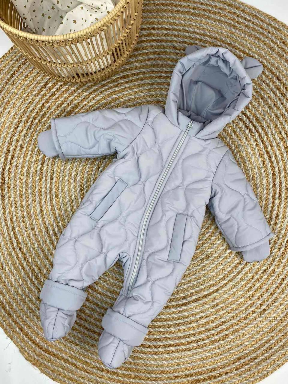 Зимовий дитячий теплий комбінезон з пінетками та рукавичками для новонароджених розміри 86 від півроку до півтора року