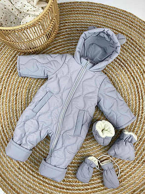 Зимовий дитячий теплий комбінезон з пінетками та рукавичками для новонароджених розміри 86 від півроку до півтора року, фото 2