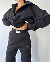 Женский спортивный базовый теплый костюм двойка кофта на молнии + штаны стильный весна осень беж графит черн чорний
