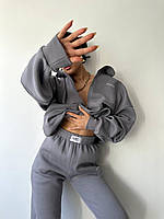 Женский спортивный базовый теплый костюм двойка кофта на молнии + штаны стильный весна осень беж графит черн сірий