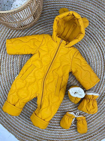 Зимовий дитячий теплий комбінезон з пінетками та рукавичками для новонароджених розміри 74 86 від півроку до півтора року, фото 2
