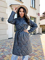 Стеганое пальто женское демисезонное на кнопках бежевое с поясом XS-S, M-L, XL-2XL | Весеннее пальто стеганое Графит, 50/52