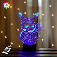 3D светильник ночник с пультом "Покемон Капитан Америка" 3DTOYSLAMP