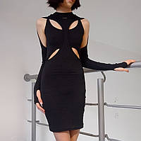 Платье мини в рубчик облегающее эластичное с вырезами черное лоскутками M
