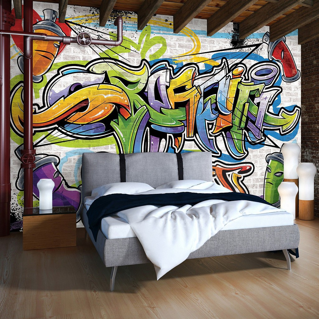 Фото шпалери 368x254 см Для підлітків Барвисте графіті на цегляній стіні (1399P8) Клей в подарунок