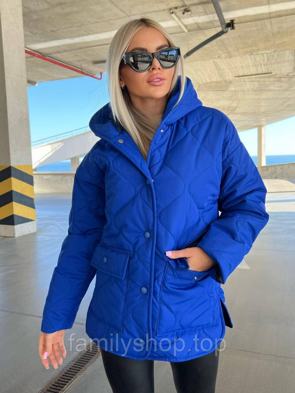 Куртка весняно-осіння жіноча стьобана з капюшоном красива утеплена, синя, фото 1
