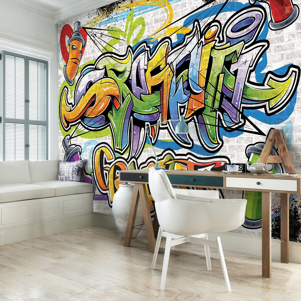 Написи флізелінові фотошпалери 368x254 см Для підлітків Барвисті графіті на цегляній стіні Найкраща якість, фото 1