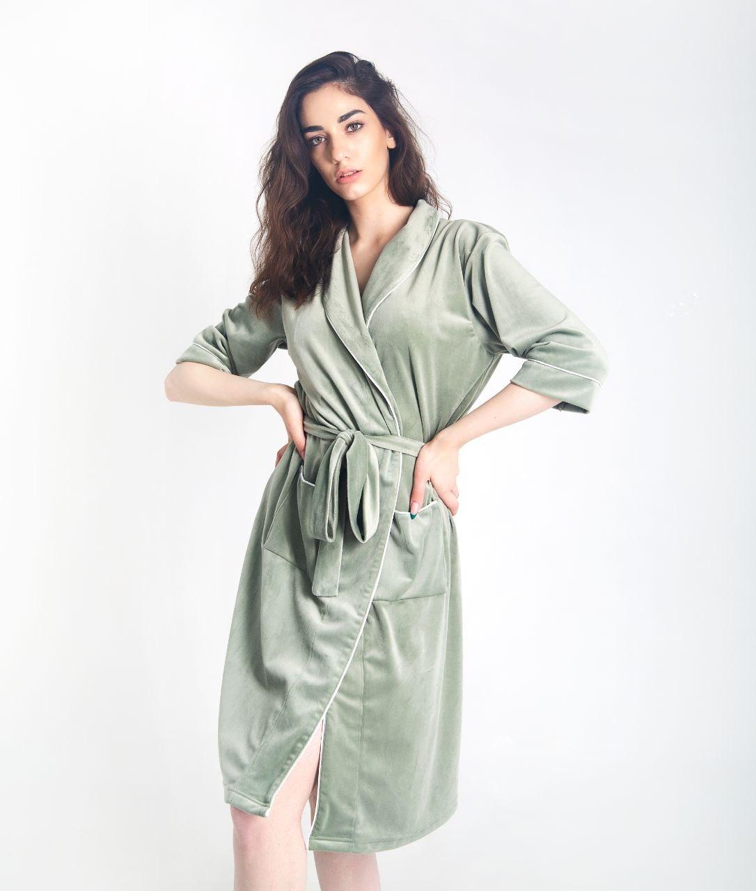 Жіночий Велюровий Халат з Кантом 704 - Фісташковий (S - 2XL), фото 1