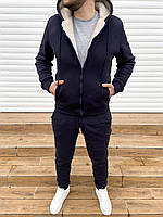 Мужской спортивный костюм теплый с мехом зимний осенний Кофта + Штаны темно-синий топ качество