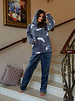 Женская махровая пижама теплая серая с принтом XS-M, L-XL, 2XL-3XL, 4XL-5XL | Махровый домашний костюм