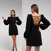 Женское платье стильное легкое короткое с пышными рукавами шнуровка на открытой спине черный