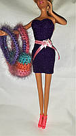 В'язана тонка літня коктейльна сукня з аксесуарами на ляльку Барбі, фіолетова.