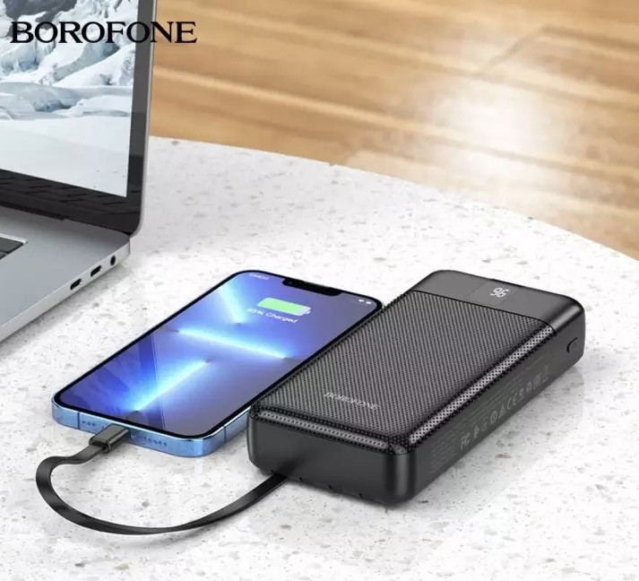 Повербанк 20000 mAh со встроенными кабелями BOROFONE BJ20A Power Bank + кабеля Type-C, Lightning, MicroUSB От USB Пластик Индикатор уровня заряда Type-C