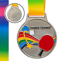 Медаль спортивная с лентой настольный теннис SP-Sport Tennis 0341 диаметр 6,5см Silver